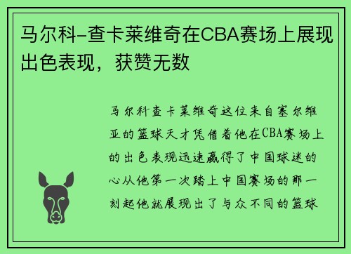 马尔科-查卡莱维奇在CBA赛场上展现出色表现，获赞无数